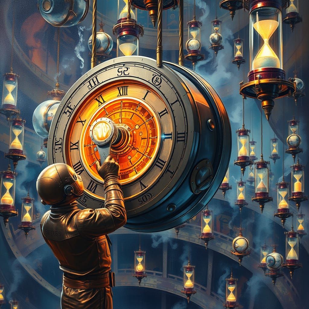 Steampunk Technician Repairs Giant Floating Clock