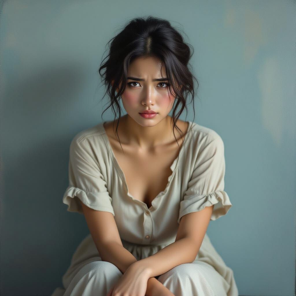 Poignant Indonesian Woman with Tear-Stained Eyes