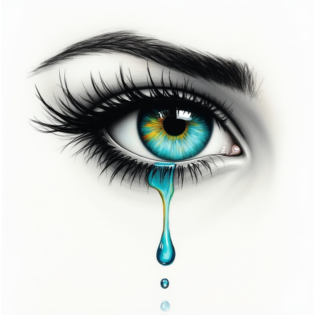 Expressive Charcoal Eye with Turquoise Iris and Teardrop