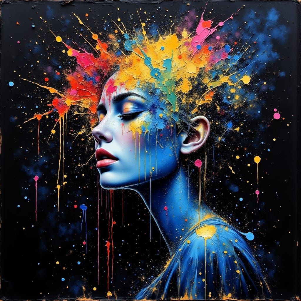 Woman with Rainbow Hair in Dark Oil Painting