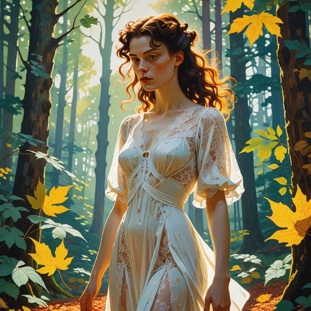 Woman in Forest Sunlight, Pre-Raphaelite Style