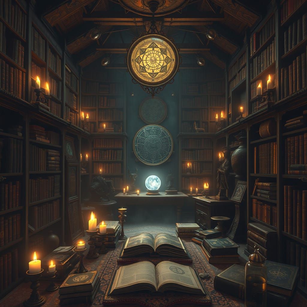 Surreal Library in Dark, Gothic Futurism