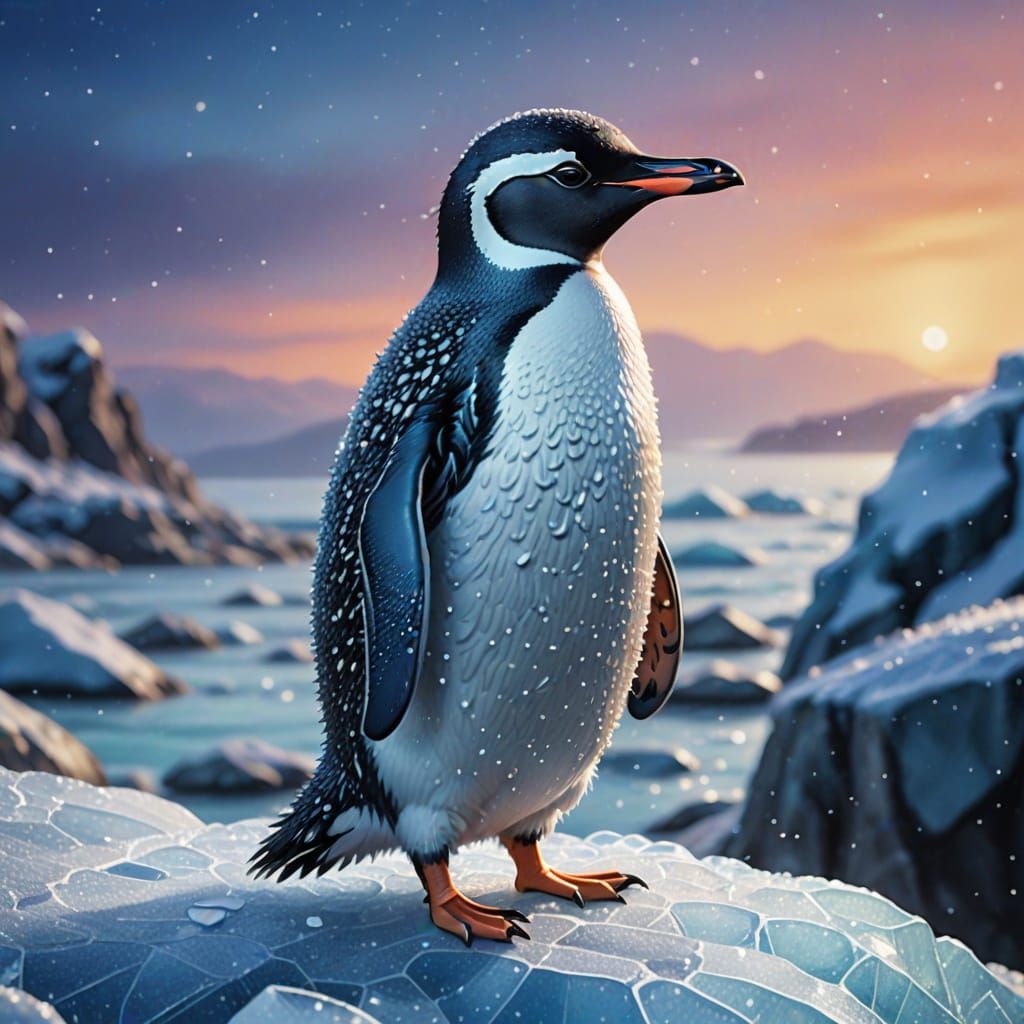 Chilly Villy Penguin Waddles on Icy Rocks in Whimsical Art