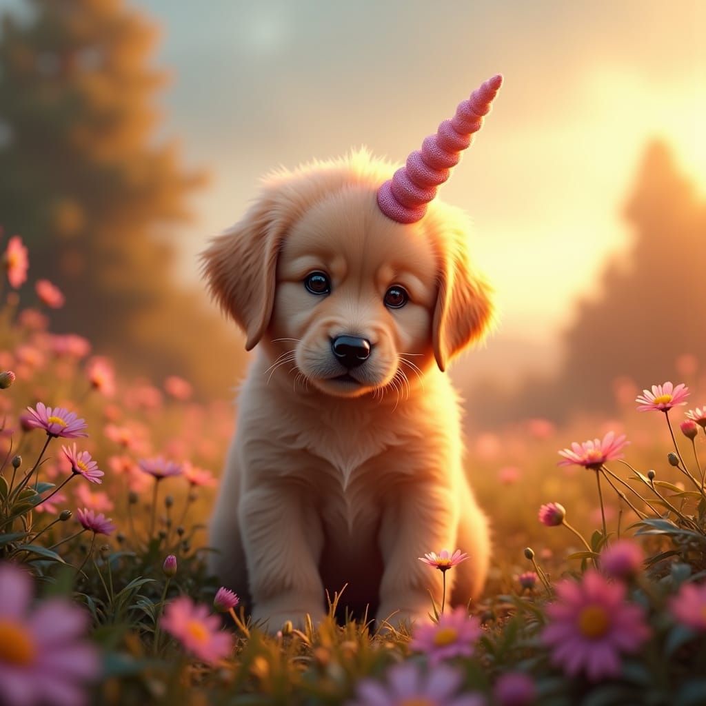 Golden Retriever Puppy with Unicorn Horn in Matte Painting S...
