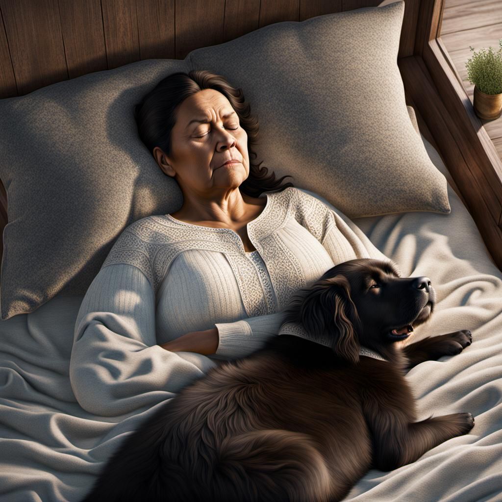 Indigenous Woman Sleeping with Newfoundland Dog