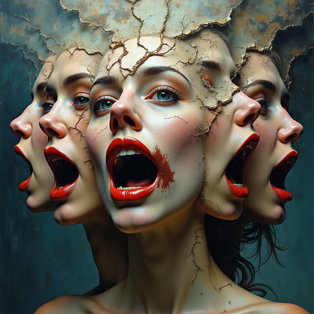 Distorted Faces in Expressionist Surreal Landscape