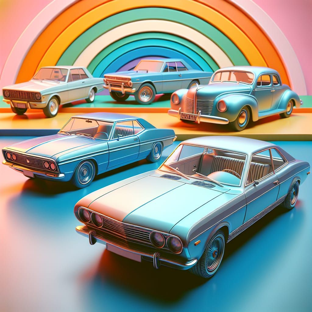 Classic 70s Cars as Plastic 3D Digital Art
