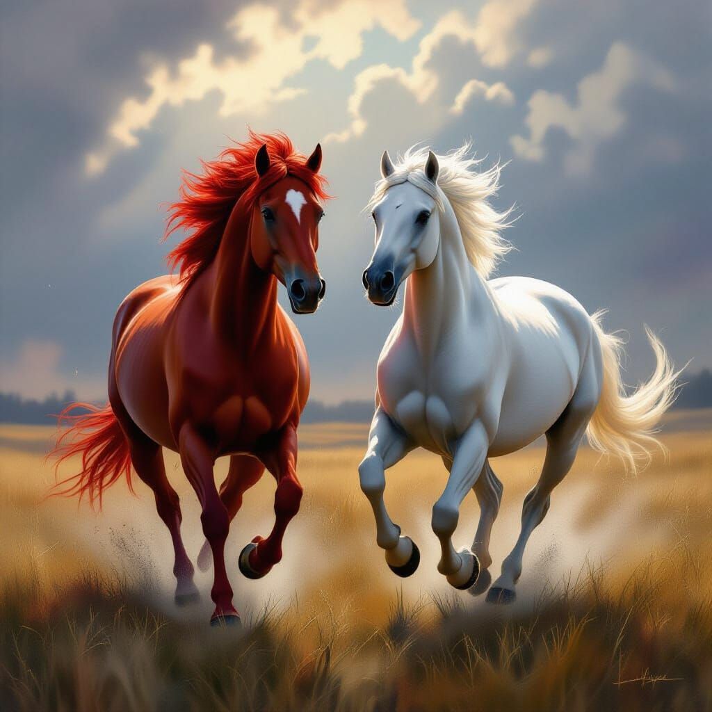 Dramatic Painting: Red & White Horses Running in Field