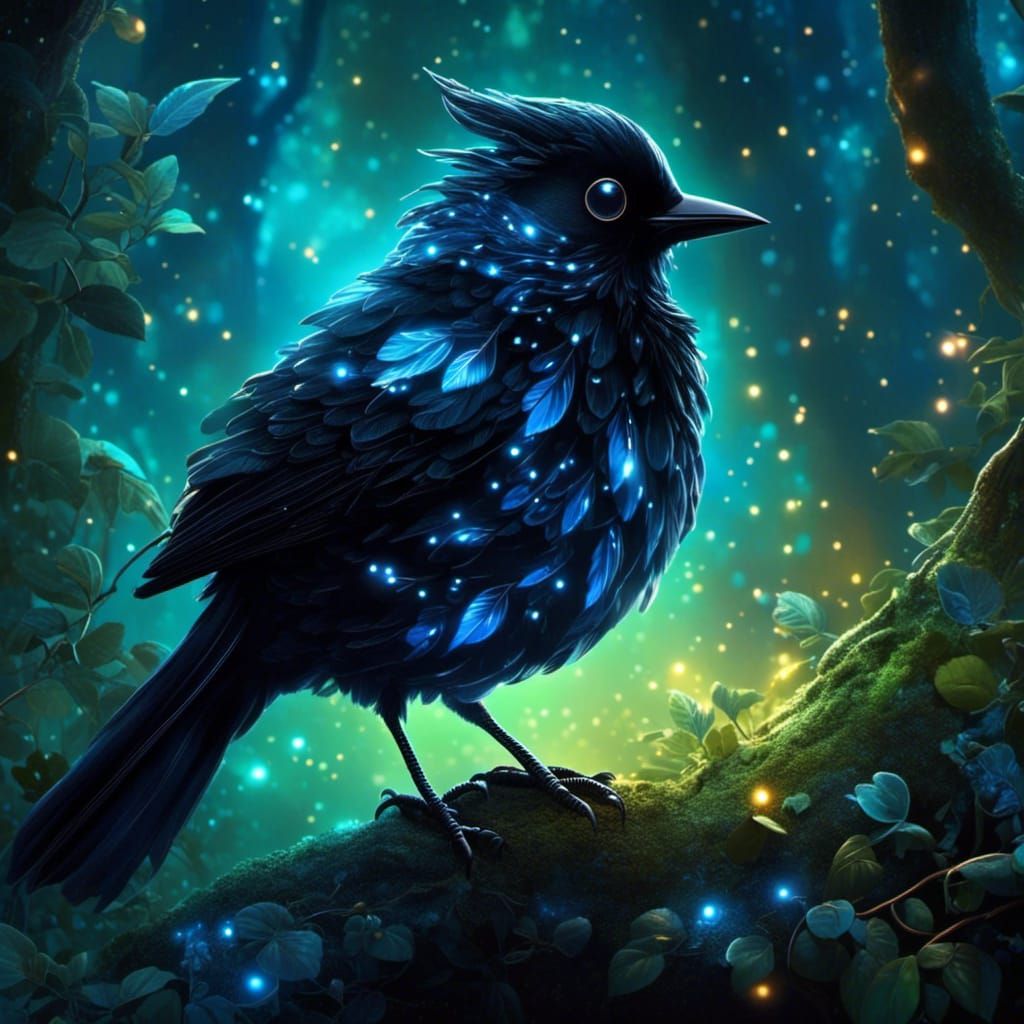 Magical Black Bird with Bioluminescent Feathers