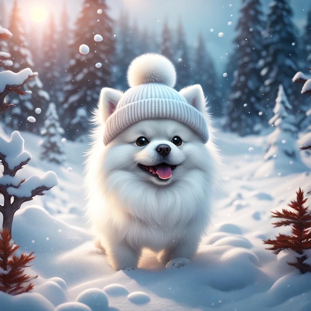 Pomeranian in Beanie: Detailed Fantasy Art