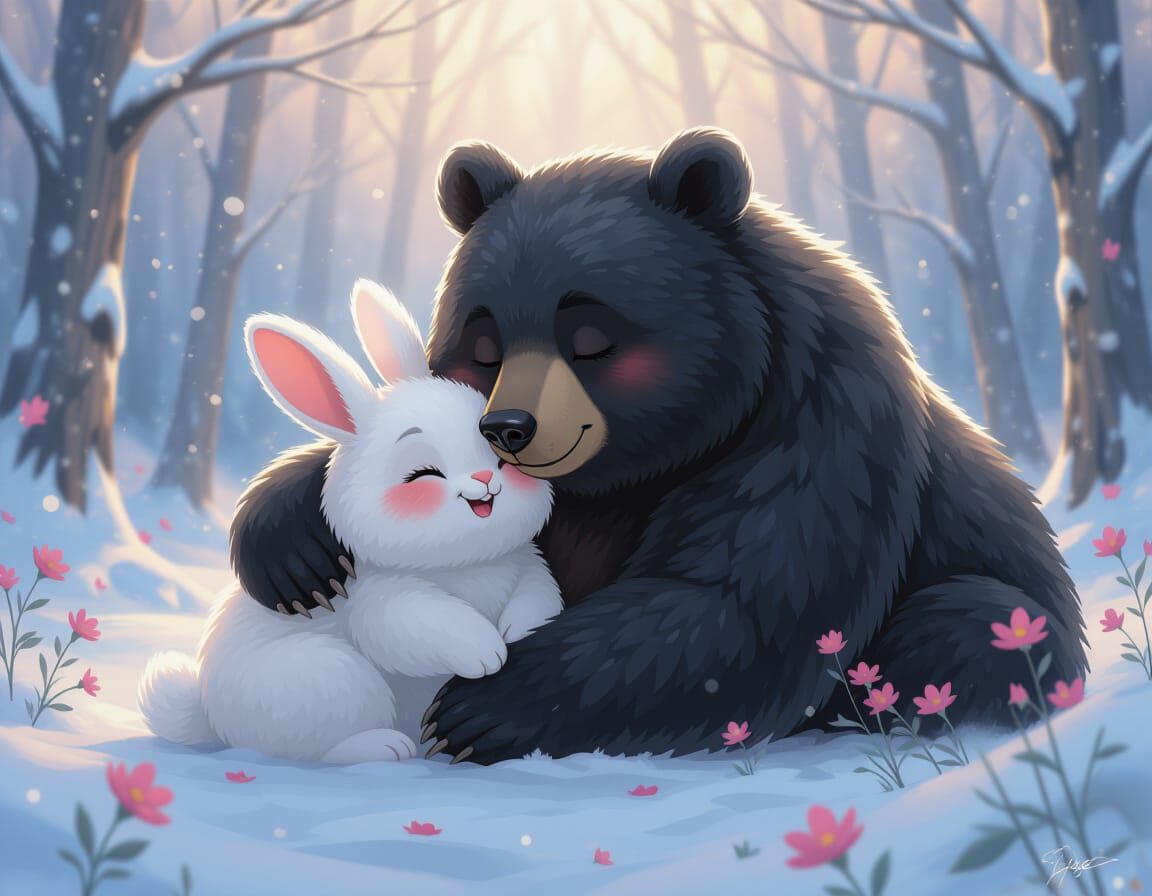 Fluffy Bunny and Bear Snuggle in Snowy Forest
