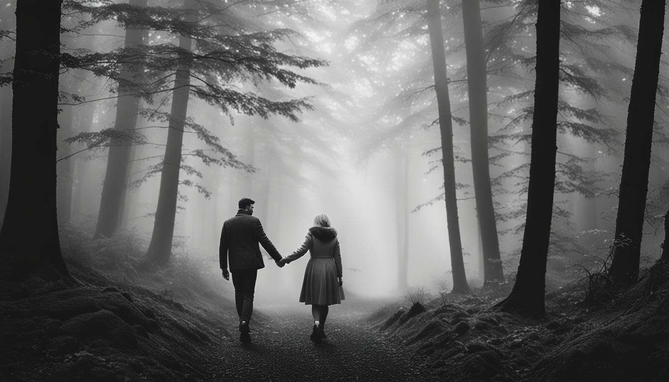 Romantic Couple in Misty Forest: Black and White Photo