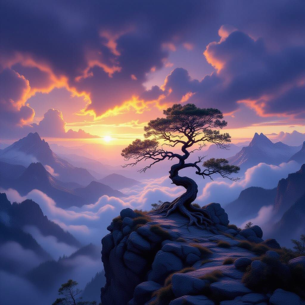 Ancient Tree Overlooking Misty Valley at Sunset