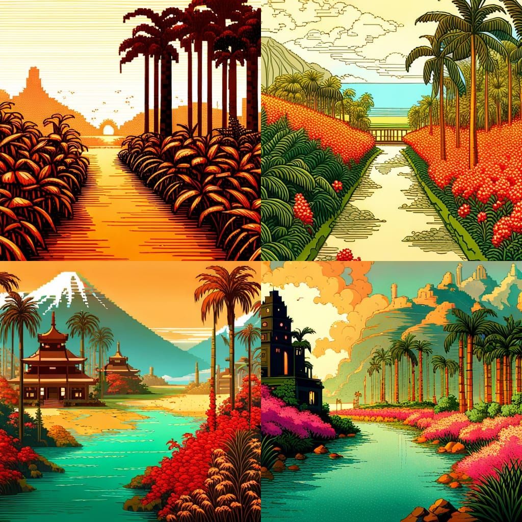 Tropical Hawaiian Garden in Retro Pixel Art