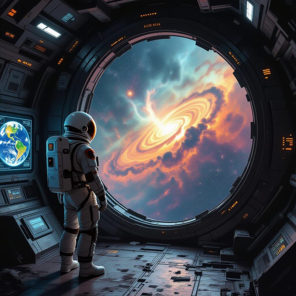 Astronaut Contemplates Nebulae in Derelict Ship