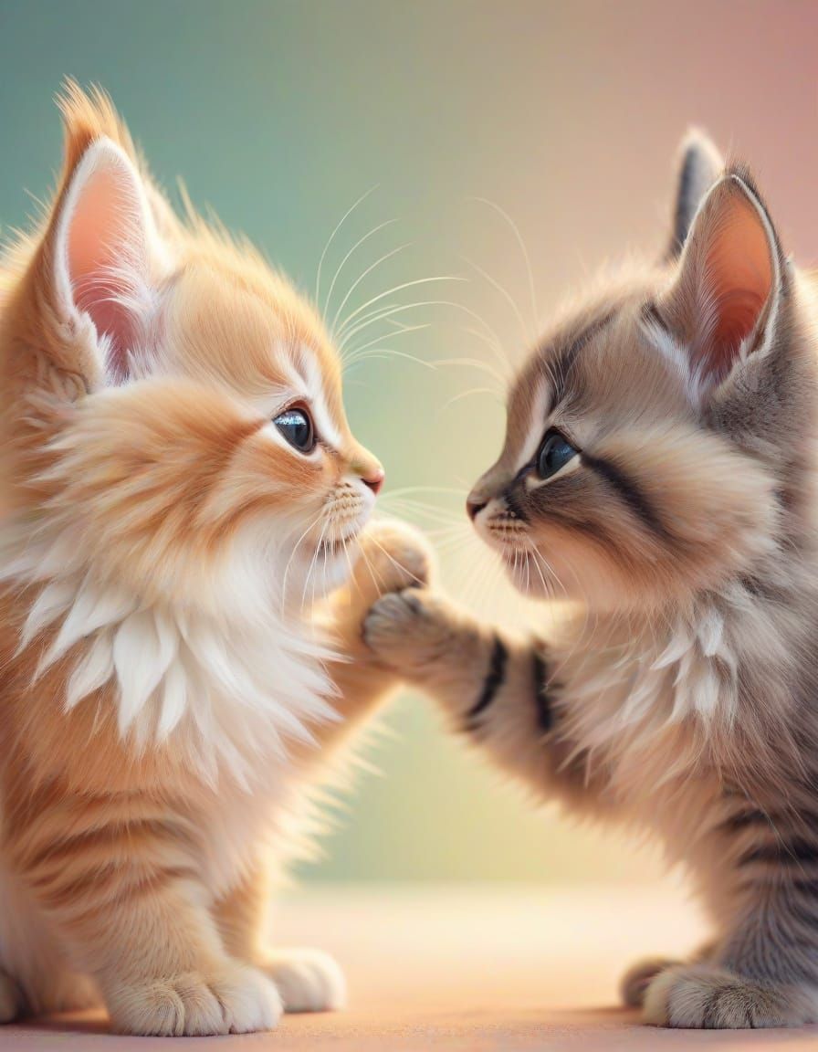 Playful Kitten and Bunny Head Bump in Pastel Digital Art