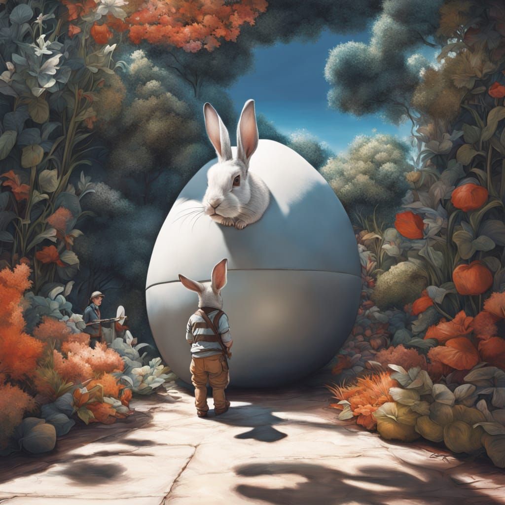 Rabbit and Child in a Vibrant Egg, Charcoal Drawing Masterpi...