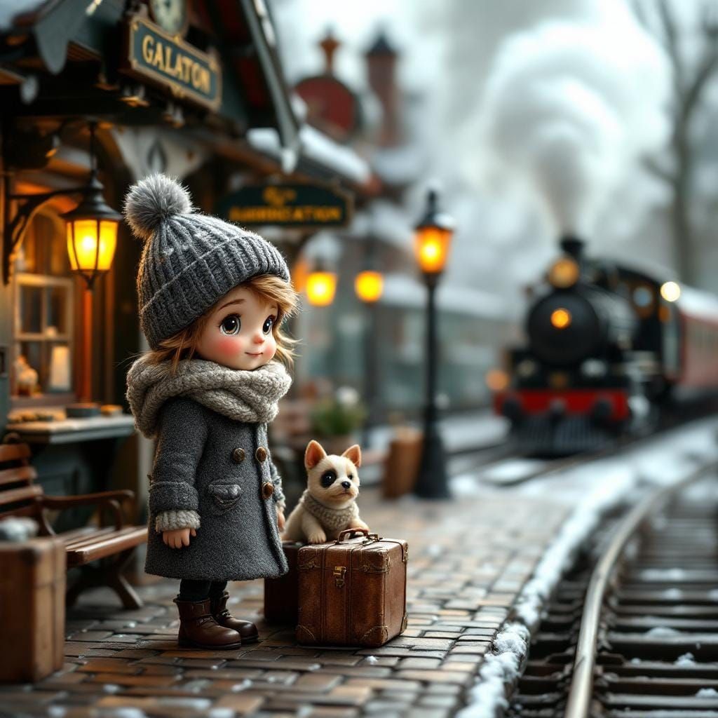 Whimsical Girl and Dog at Toy Train Station