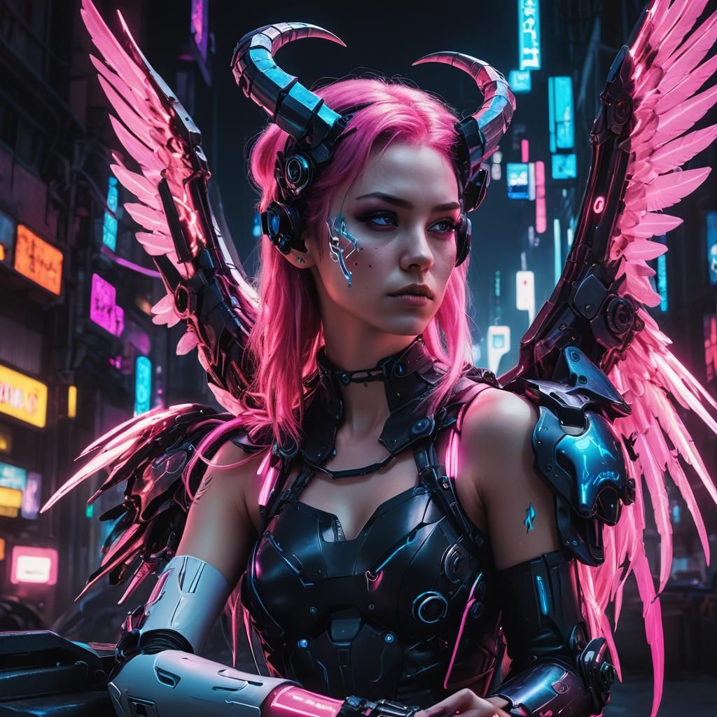 Cyberpunk Angel Demon with Cybernetic Arm