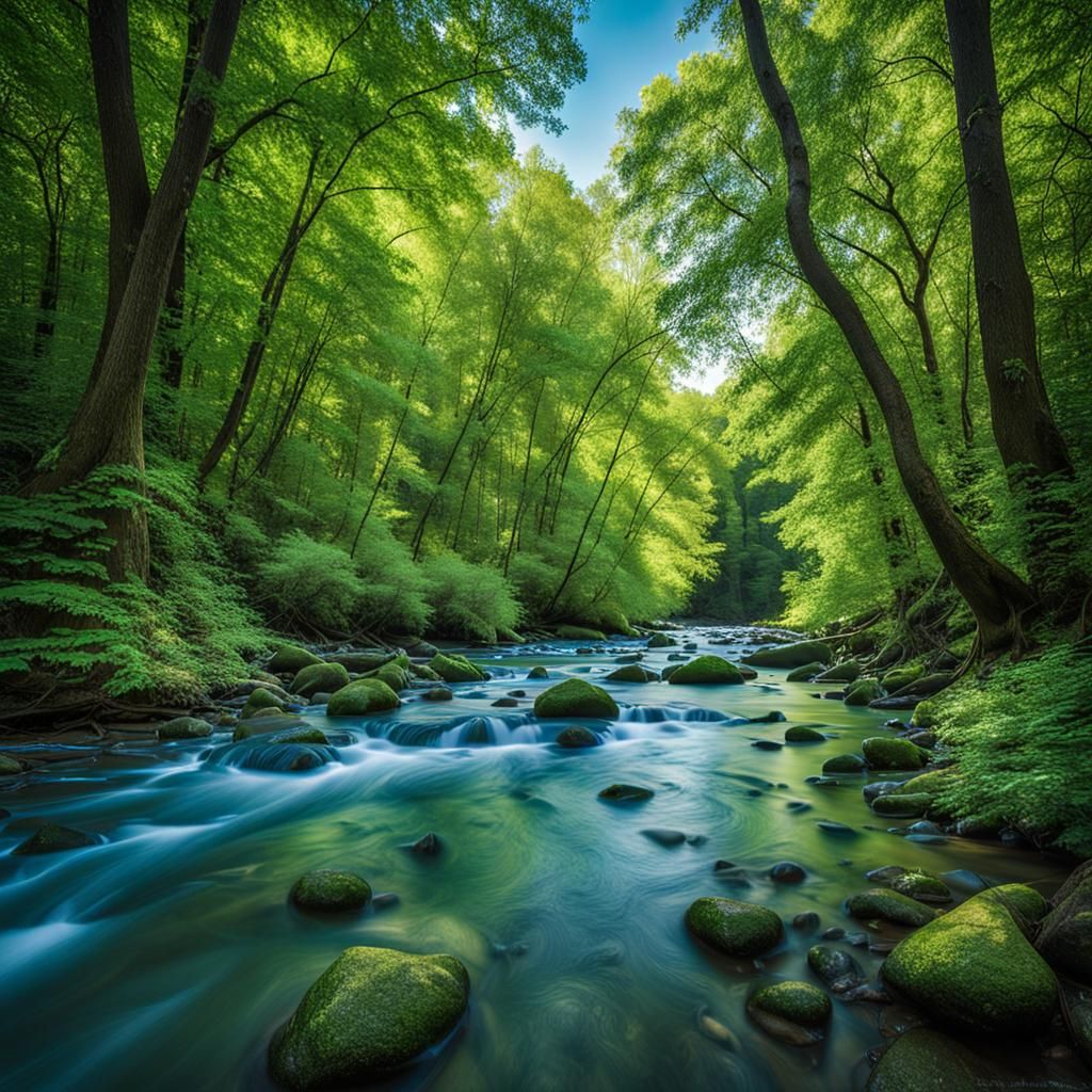 Serene River Flowing Through Lush Green Forest