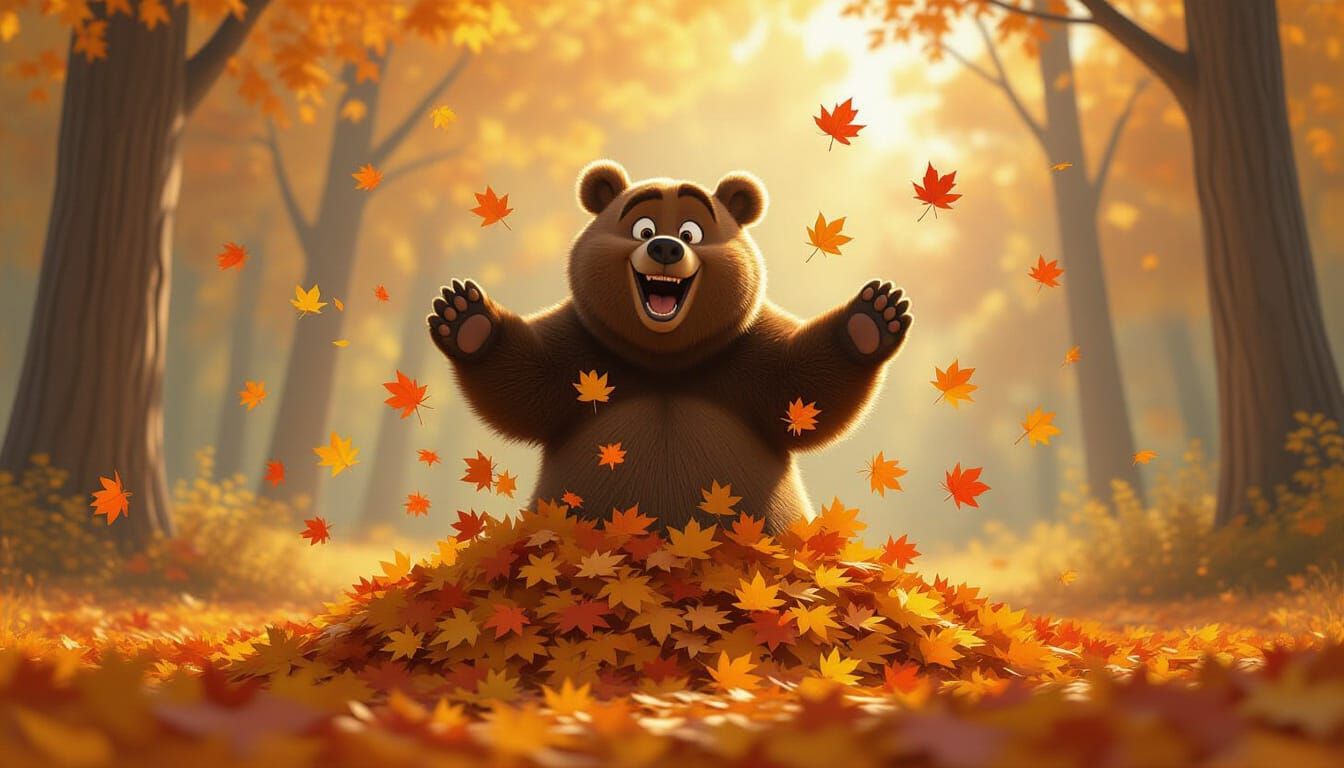 Joyful Bear Leaping into Autumn Leaves