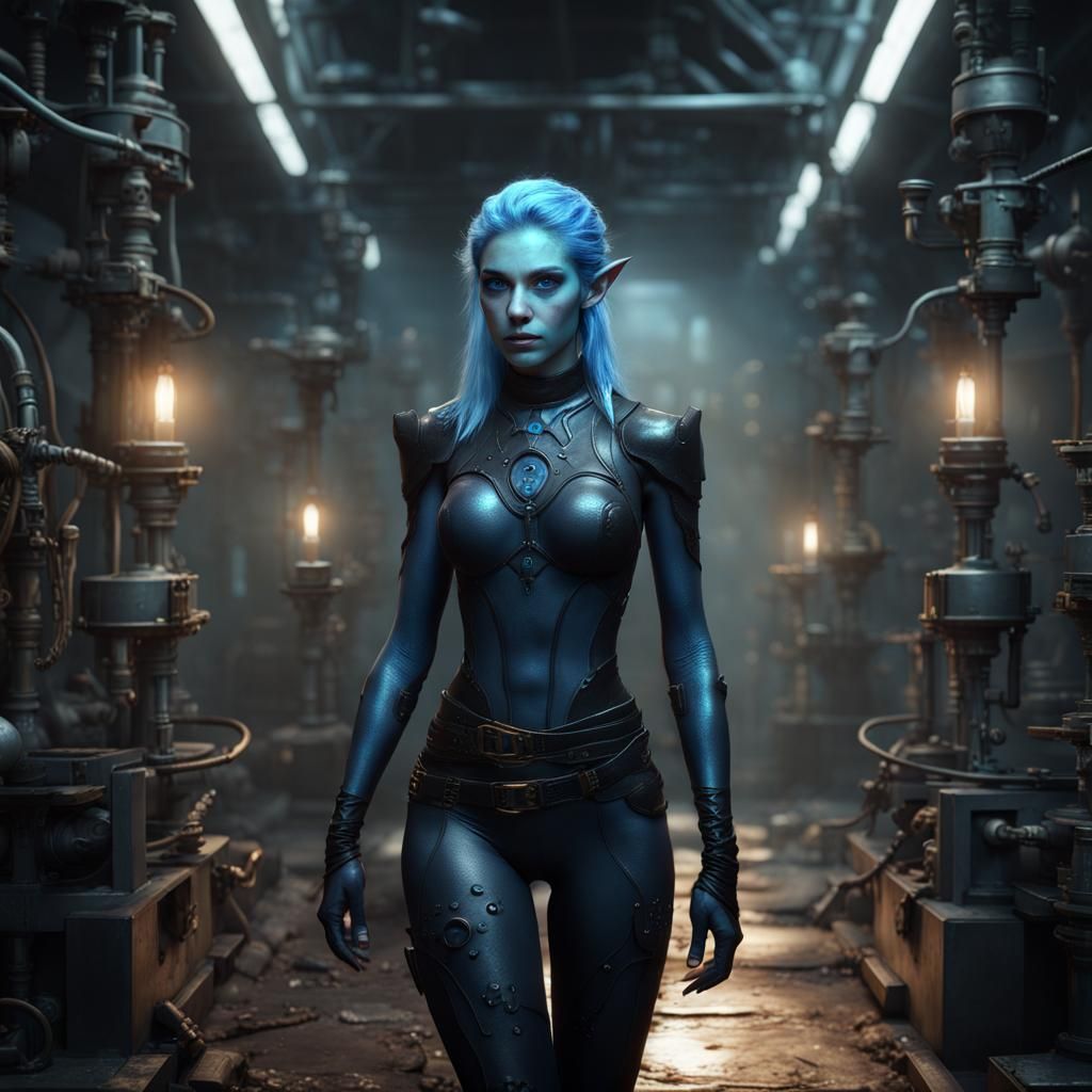 Blue Elf in Steampunk Lab, Fantasy Art