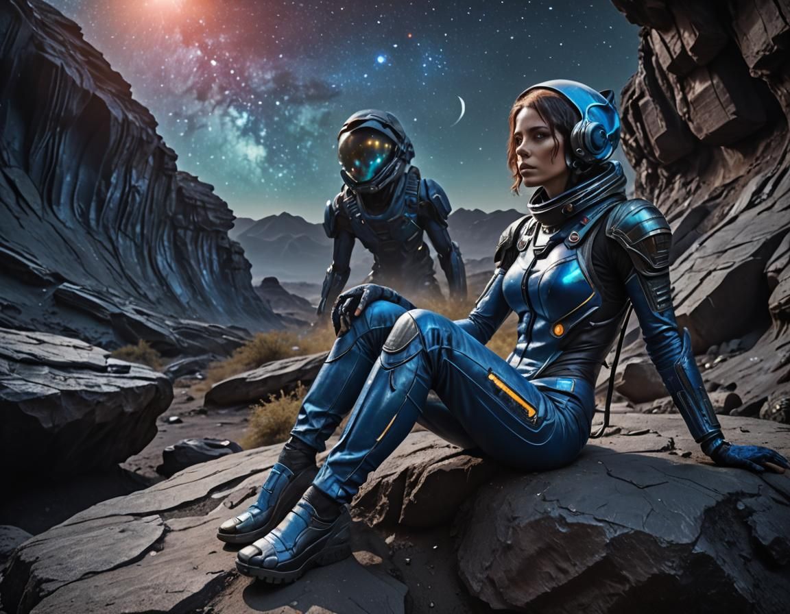 Girl in Torn Spacesuit on Alien Planet