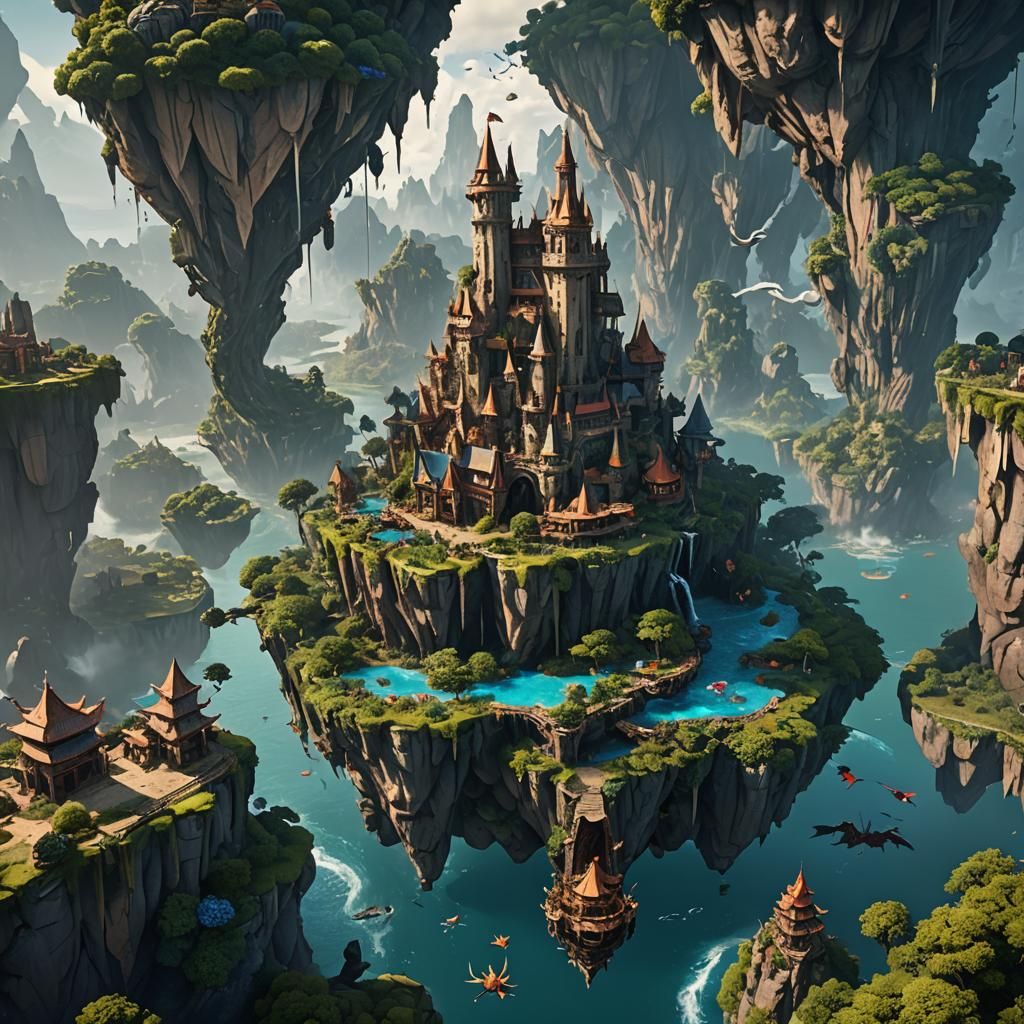 Dragon-Inhabited Floating Islands in Fantasy Concept Art