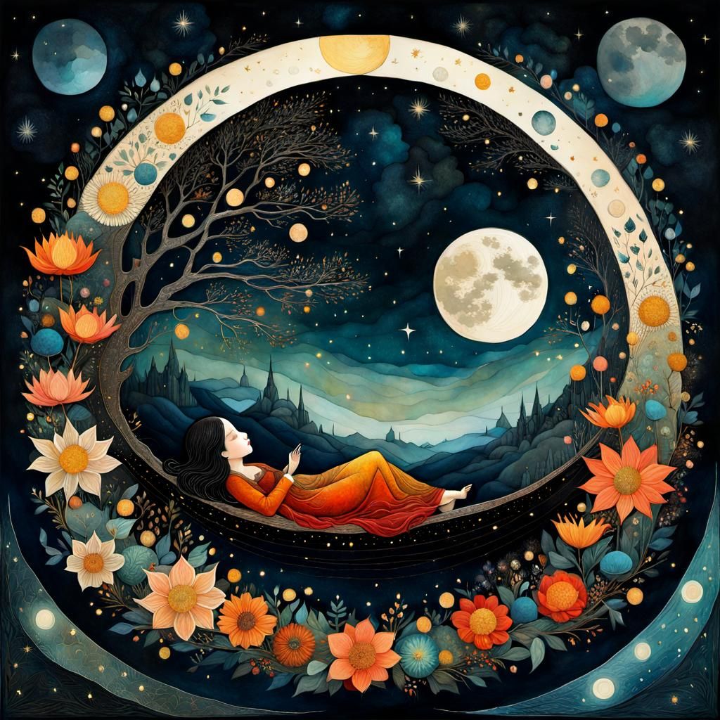 Sleepy Moon in Night Sky: A Whimsical Collage