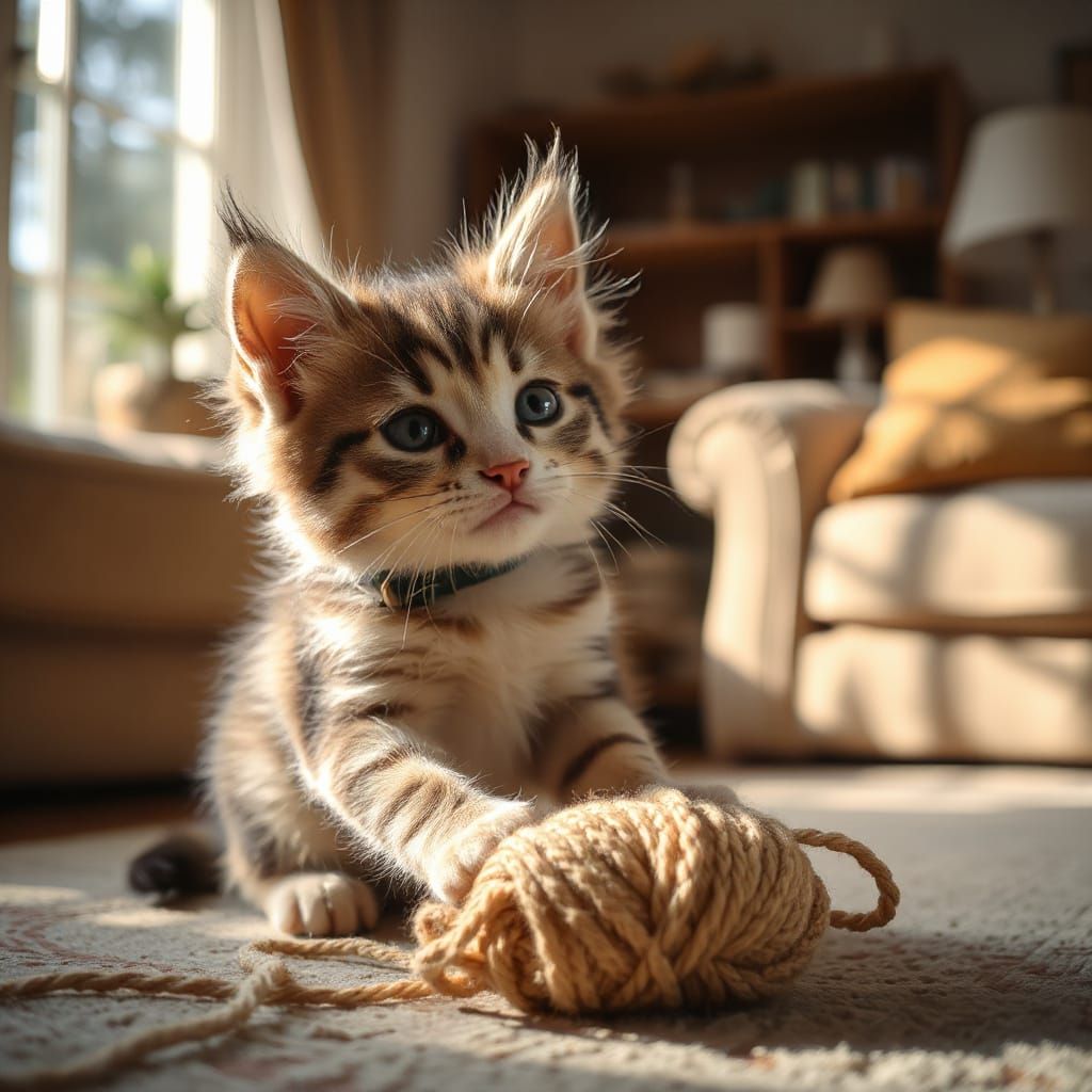 Fluffy Kitten Plays in Cozy Home, Photorealistic Style