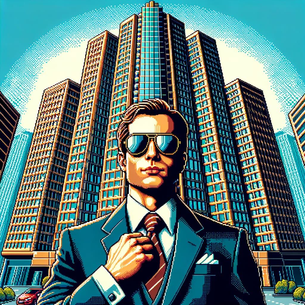 8-Bit Businessman Flaunts Wealth in Pixel Art