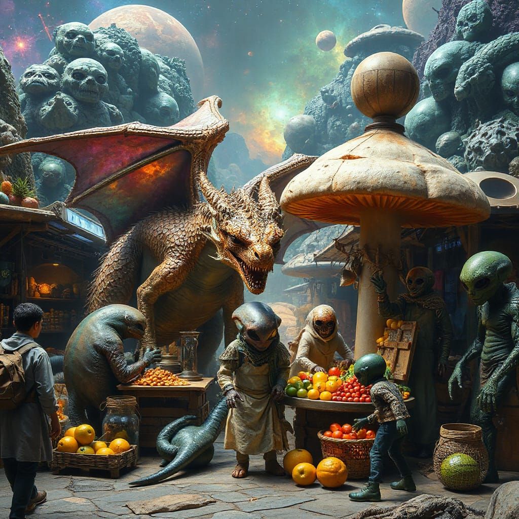 Alien Market with Celestial Dragon in Surreal Style