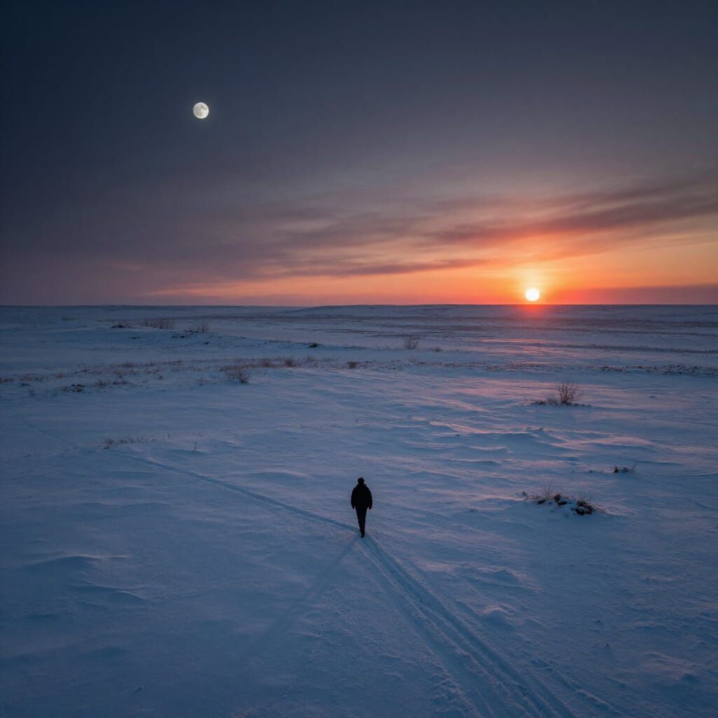 Man on Snowy Steppe Under Moon and Setting Sun