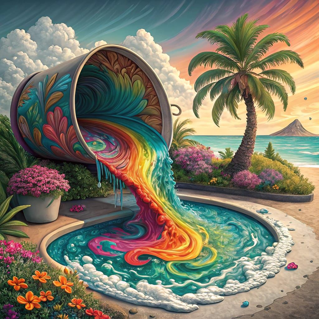 Rainbow Paint Bucket Overflowing into Pool