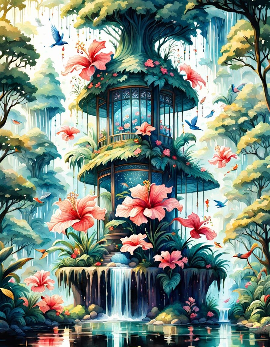 Whimsical Hibiscus Teahouse in Watercolor Splash Art