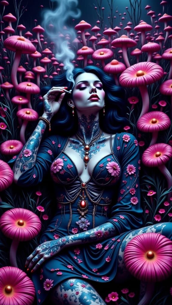 Skeletal Woman in Psychedelic Mushroom Field