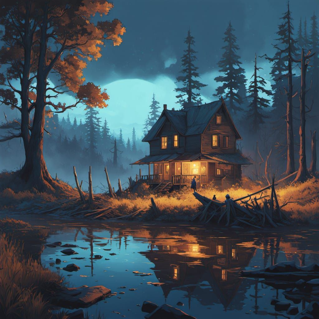 Mystical Realm in a Gold-Hued Lake