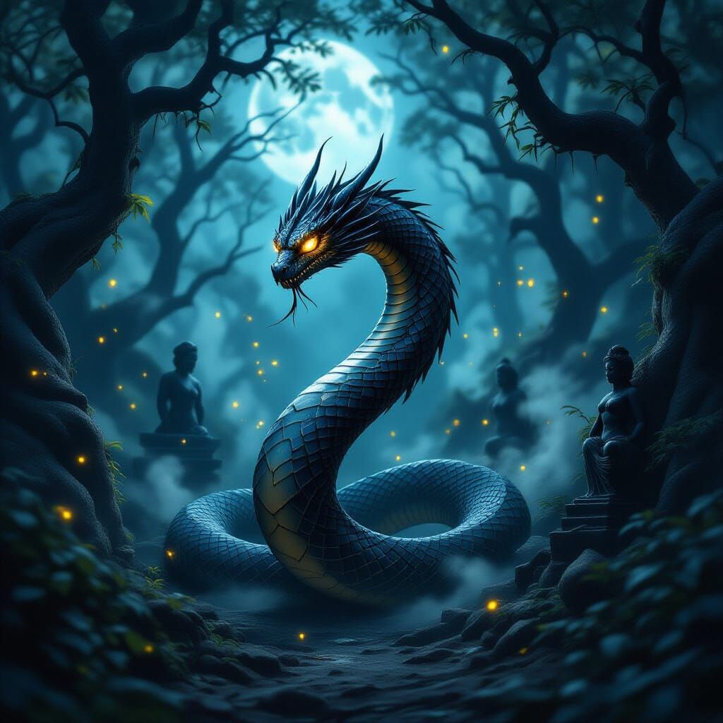 Serpent Demon Emerges in Moonlit Forest