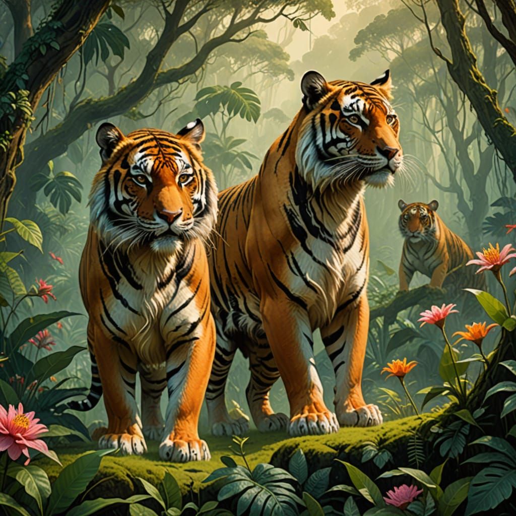 Majestic Bengal Tigers in a Fantastical Jungle Realm