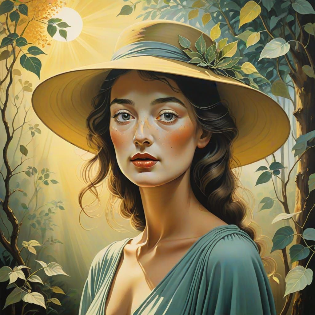 Surreal Portrait of a Woman in a Dreamlike State, Admiring a...