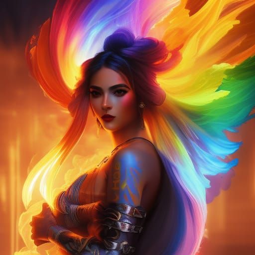 Rainbow Flame Warrior: Digital Art Portrait