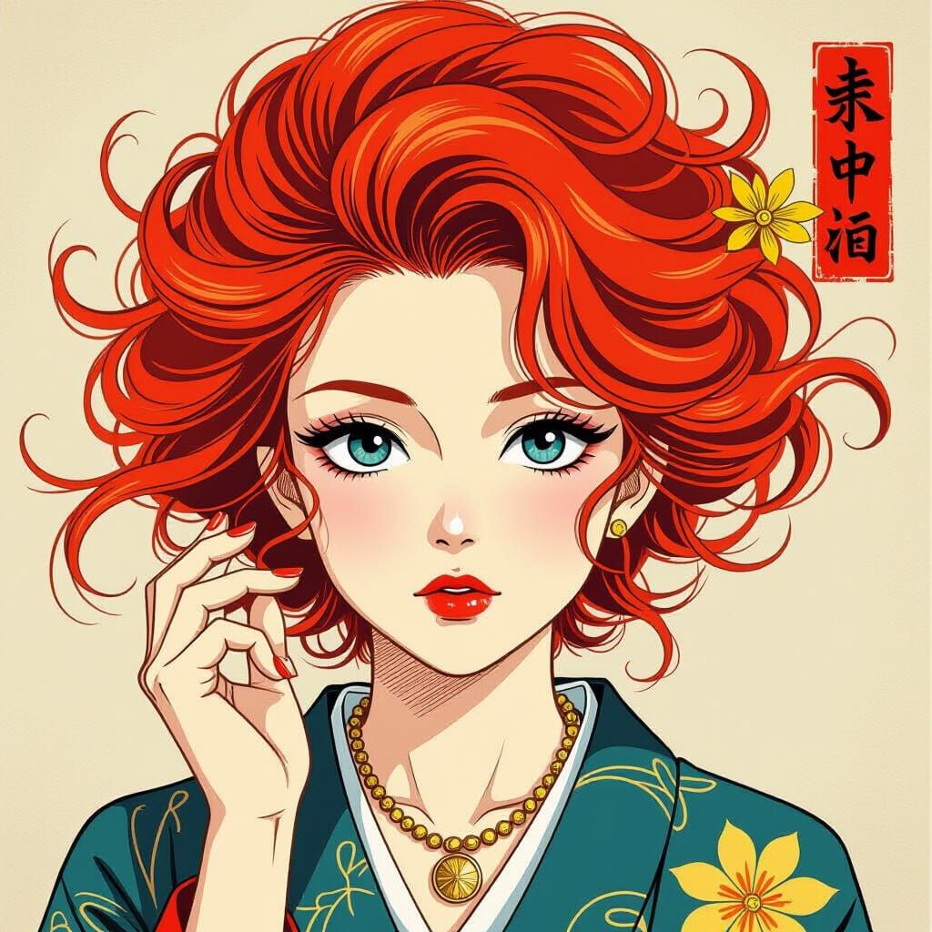 Fiery Red Haired Woman in Ukiyo-e Style