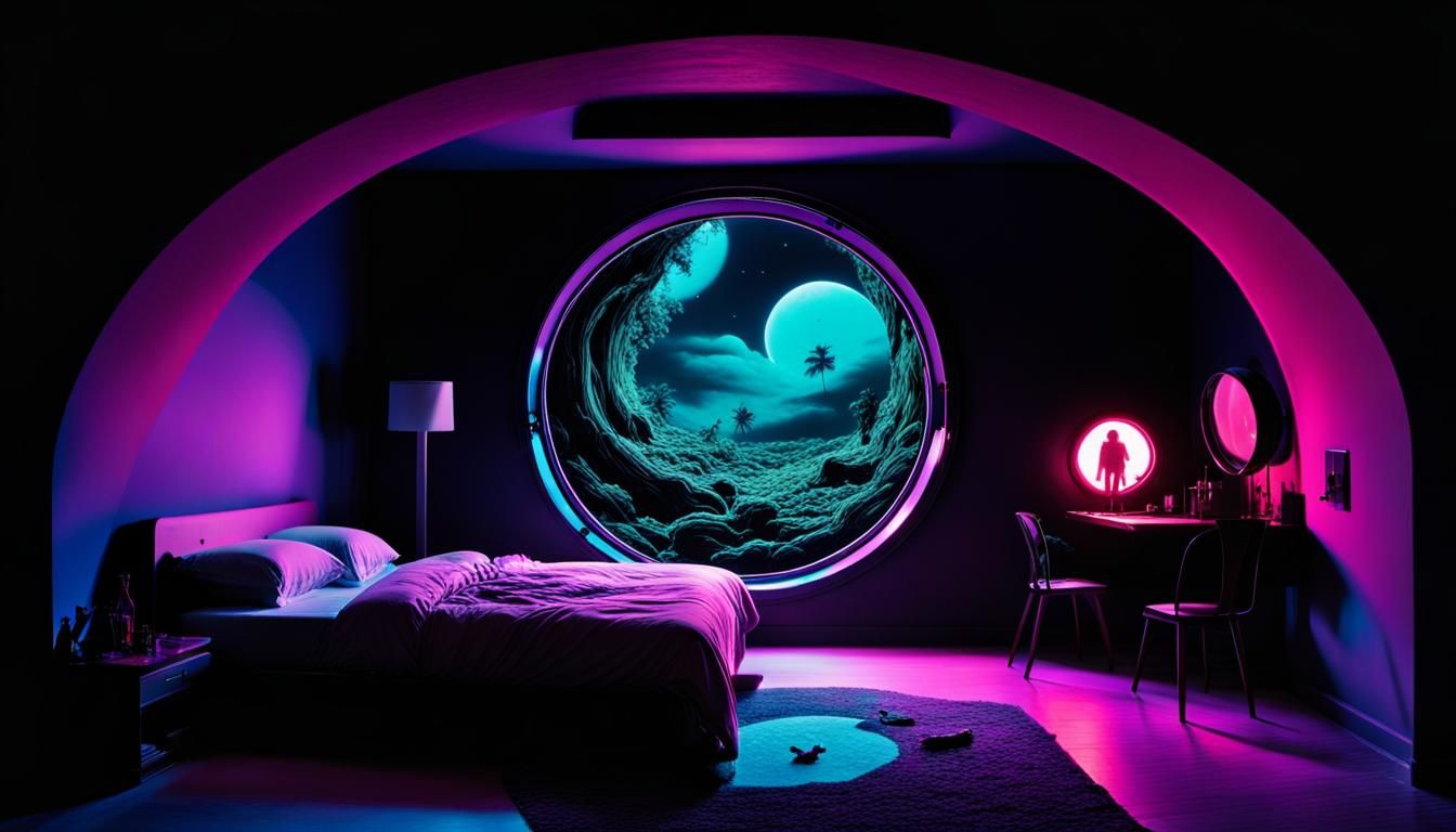 Fantasy Bedroom with Fairies in Fluorescent Black Light