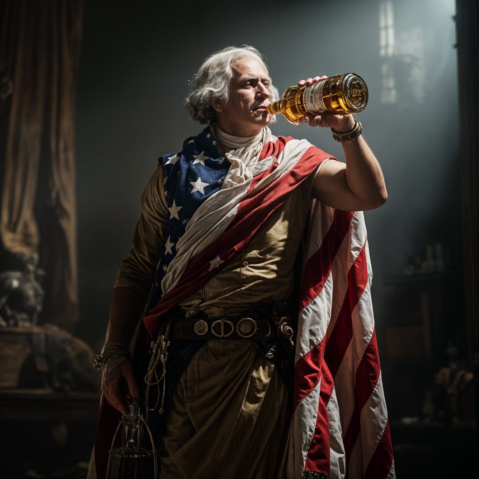 George Washington Chugging Whiskey in American Flag Toga