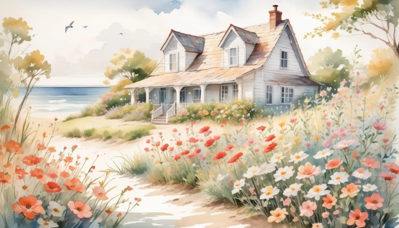 Watercolor Country Cottage by the Sea