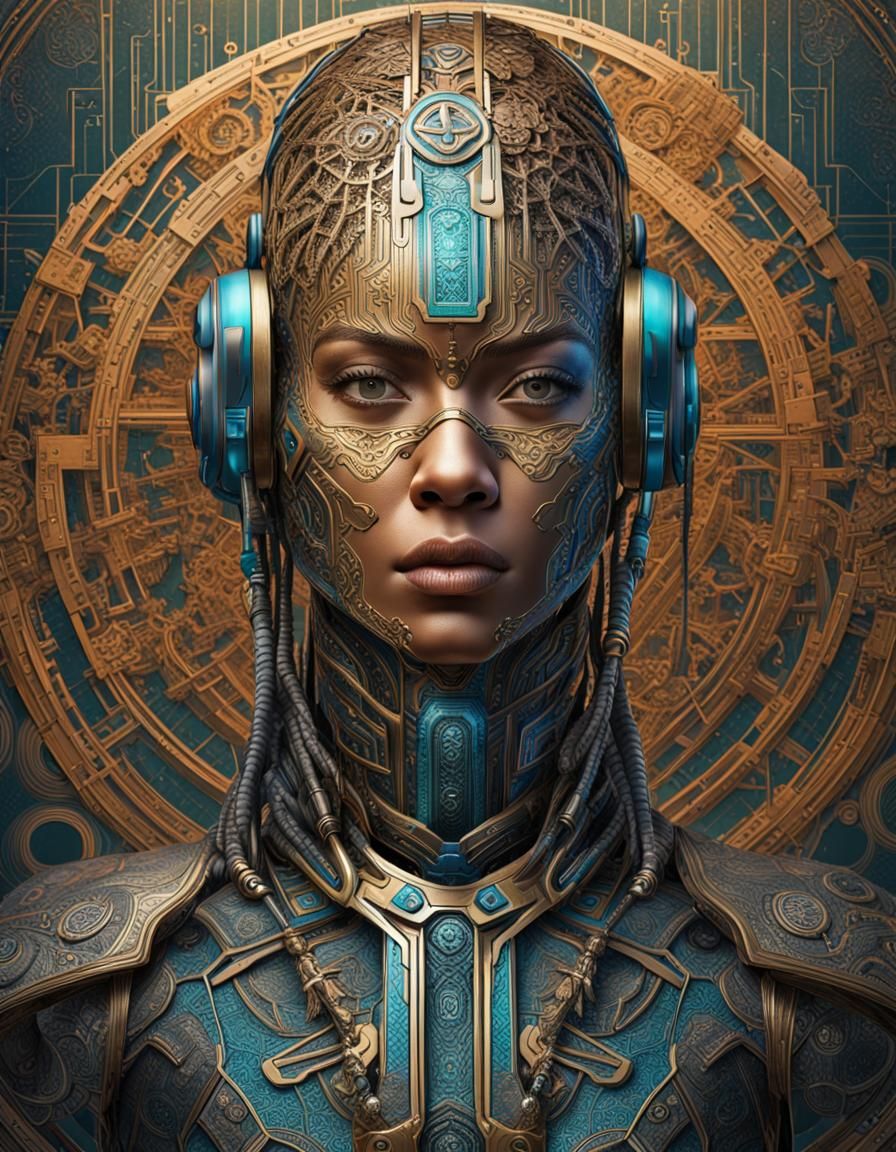 Android Portrait with Sacred Geometry, Hyperrealistic Concep...