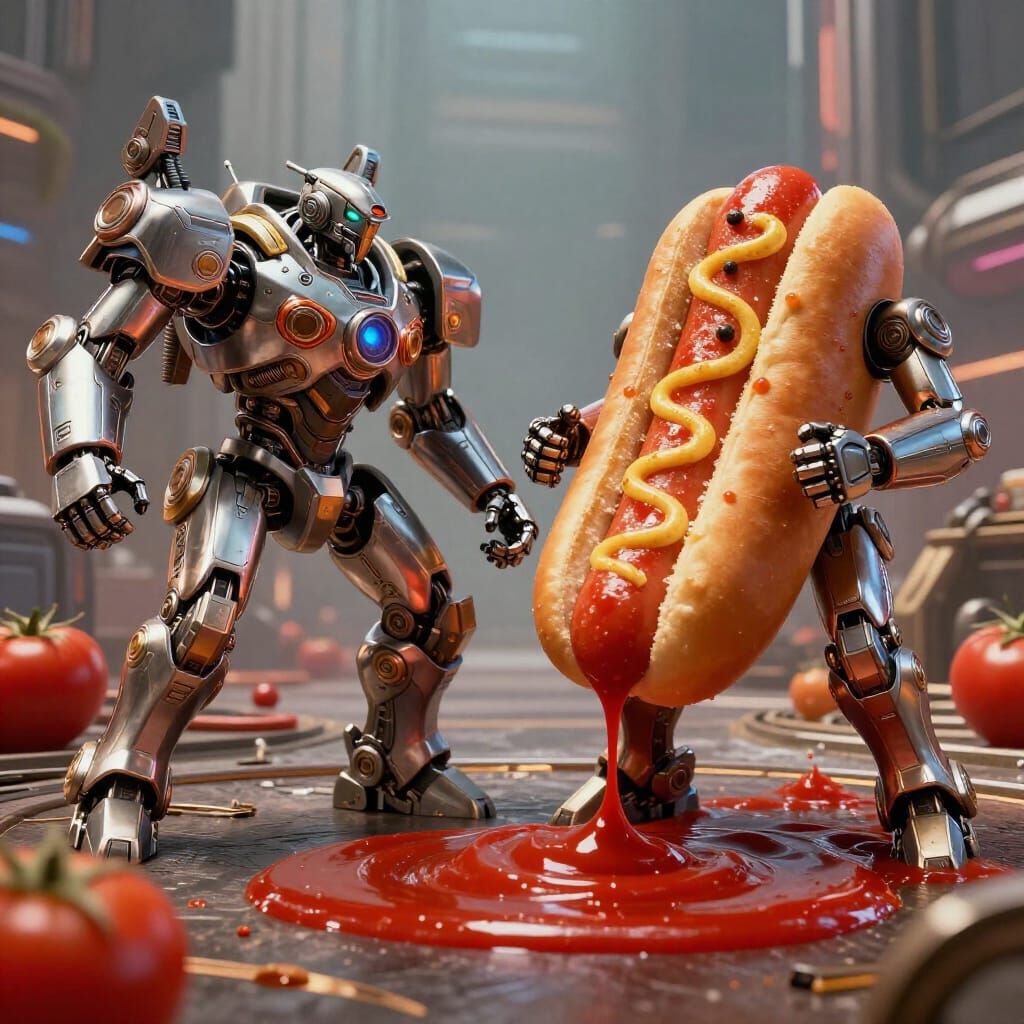 Colossal Hot Dog Mechs Battle in Sci-Fi Landscape