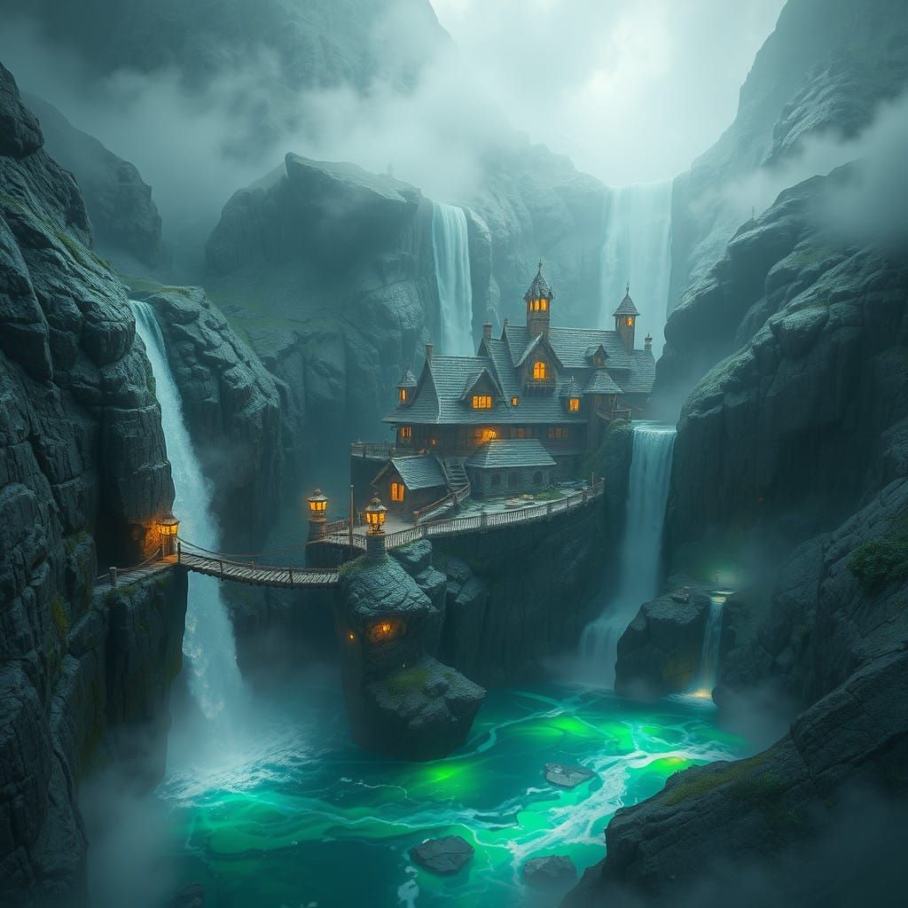 Luminous Cliffside Oasis Amidst Emerald Falls
