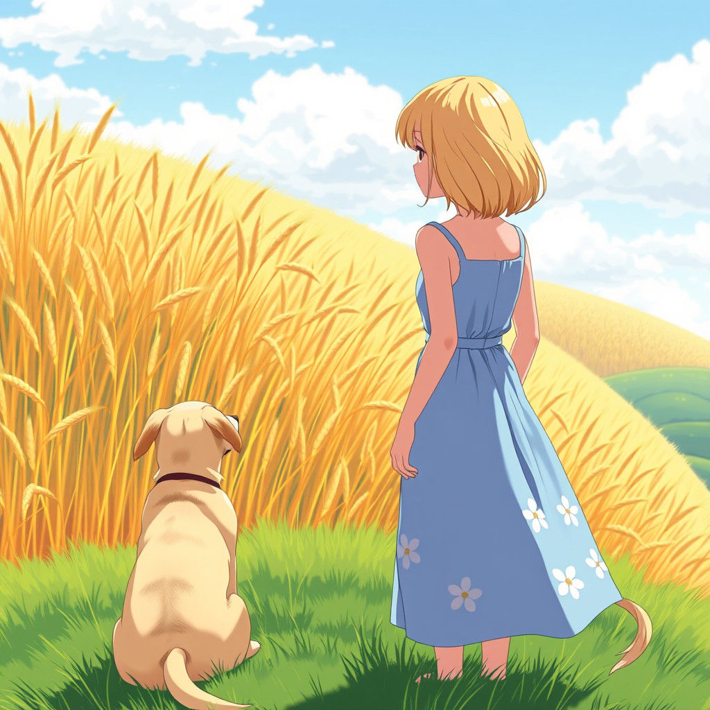 Girl and Dog in Wheat Field, Anime Style