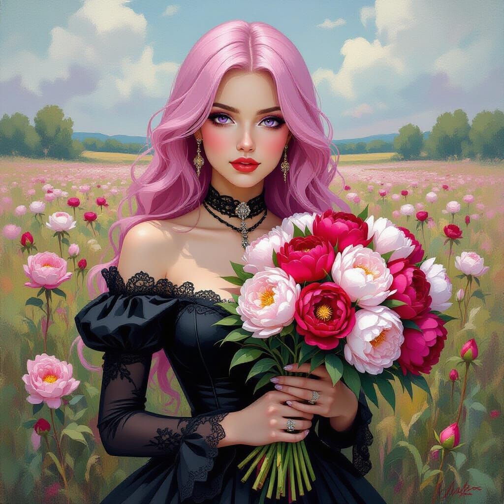 Gothic Woman with Peonies in Neo-Impressionist Style